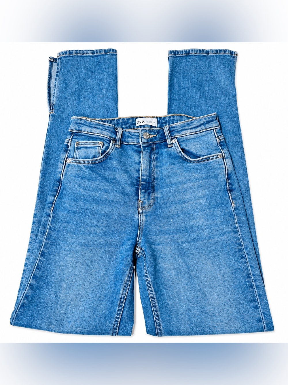 Zara Cigarette Jeans Women size 6 Blue Slim Straight Leg Split Ankle Denim